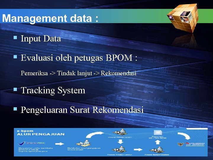 Management data : § Input Data § Evaluasi oleh petugas BPOM : Pemeriksa ->