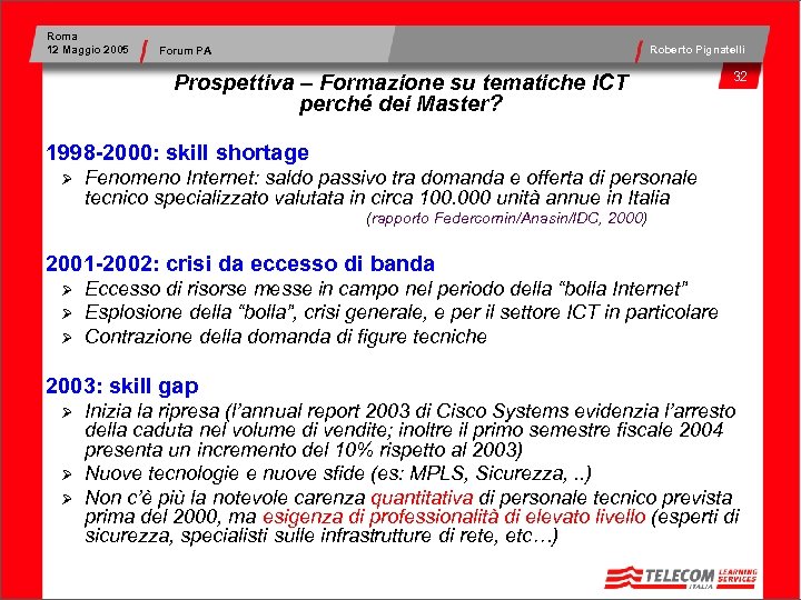 Roma 12 Maggio 2005 Roberto Pignatelli Forum PA Prospettiva – Formazione su tematiche ICT