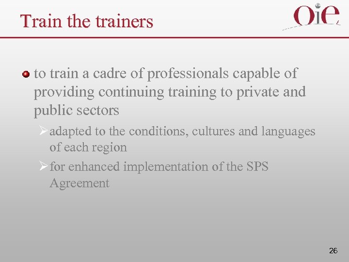 Train the trainers to train a cadre of professionals capable of providing continuing training