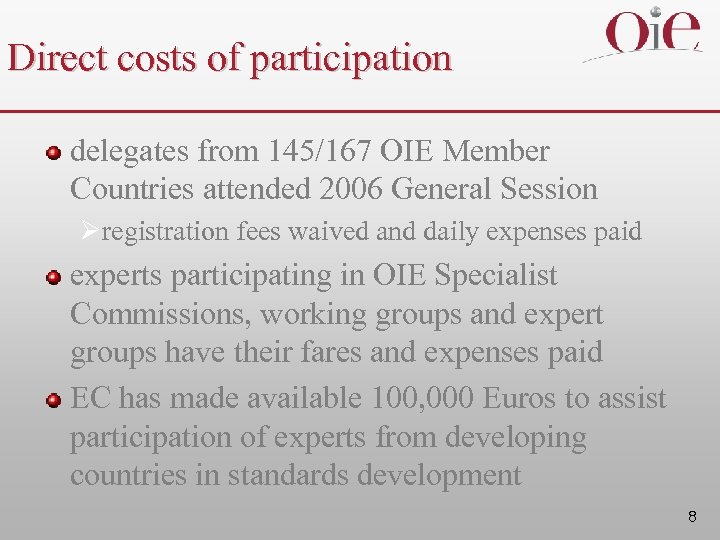 Direct costs of participation delegates from 145/167 OIE Member Countries attended 2006 General Session