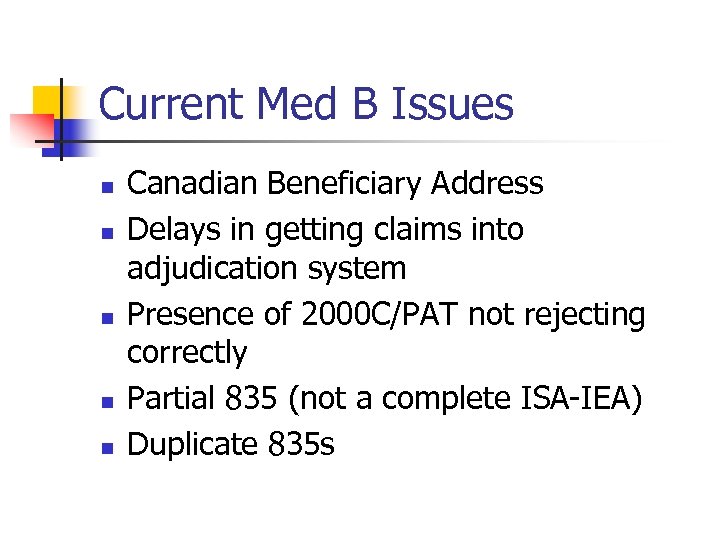 Current Med B Issues n n n Canadian Beneficiary Address Delays in getting claims
