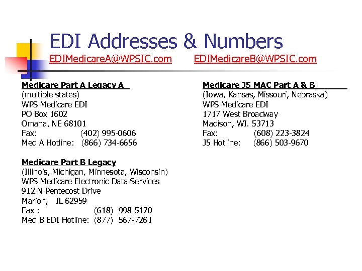 EDI Addresses & Numbers EDIMedicare. A@WPSIC. com Medicare Part A Legacy A (multiple states)