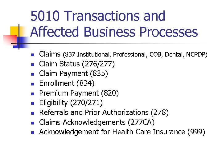 5010 Transactions and Affected Business Processes n n n n n Claims (837 Institutional,