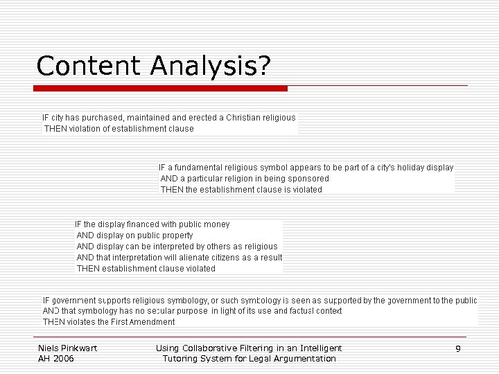 Content Analysis? Niels Pinkwart AH 2006 Using Collaborative Filtering in an Intelligent Tutoring System