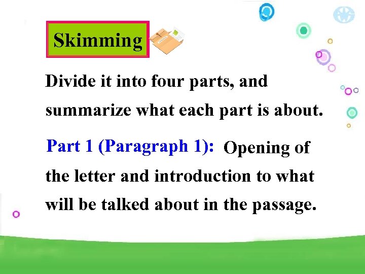 Skimming Divide it into four parts, and summarize what each part is about. Part