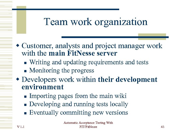 Team work organization Customer, analysts and project manager work with the main Fit. Nesse