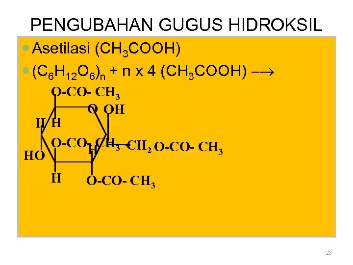 PENGUBAHAN GUGUS HIDROKSIL Asetilasi (CH 3 COOH) (C 6 H 12 O 6)n +