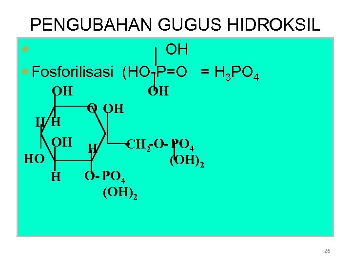 PENGUBAHAN GUGUS HIDROKSIL OH Fosforilisasi (HO-P=O = H 3 PO 4 OH OH O