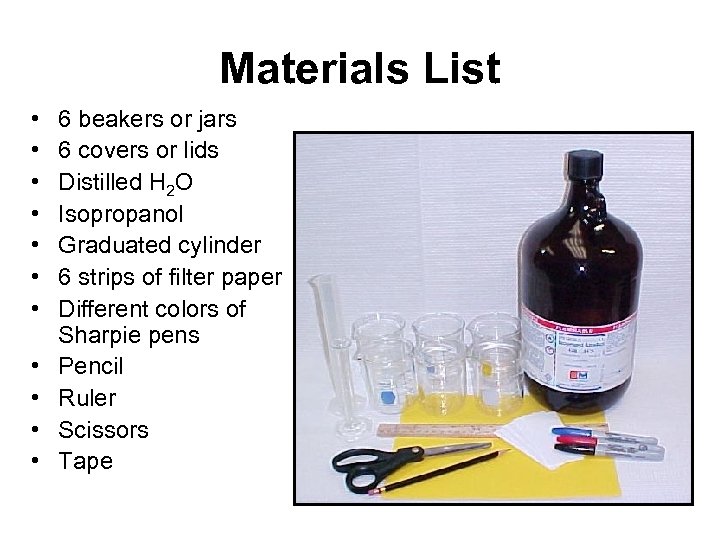 Materials List • • • 6 beakers or jars 6 covers or lids Distilled