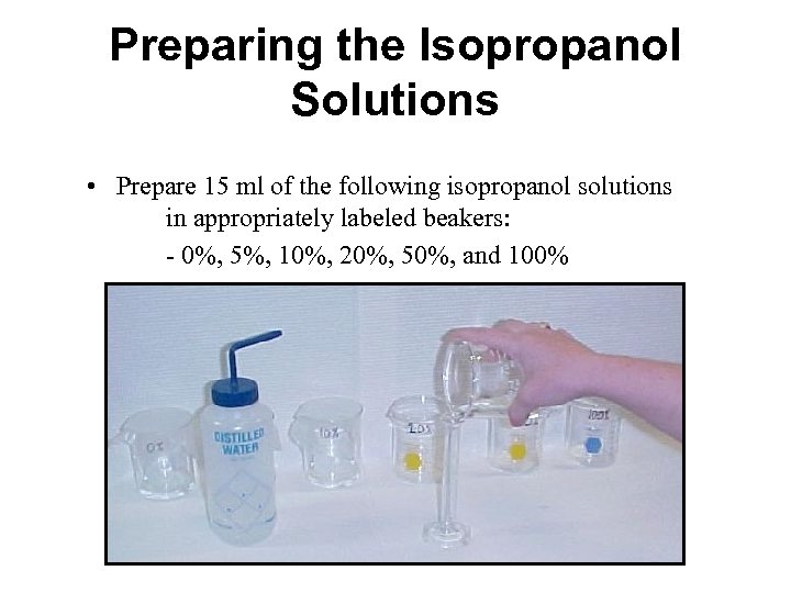 Preparing the Isopropanol Solutions • Prepare 15 ml of the following isopropanol solutions in