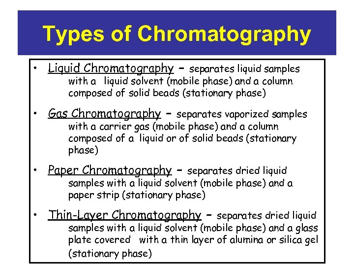 Types of Chromatography • Liquid Chromatography – separates liquid samples with a liquid solvent