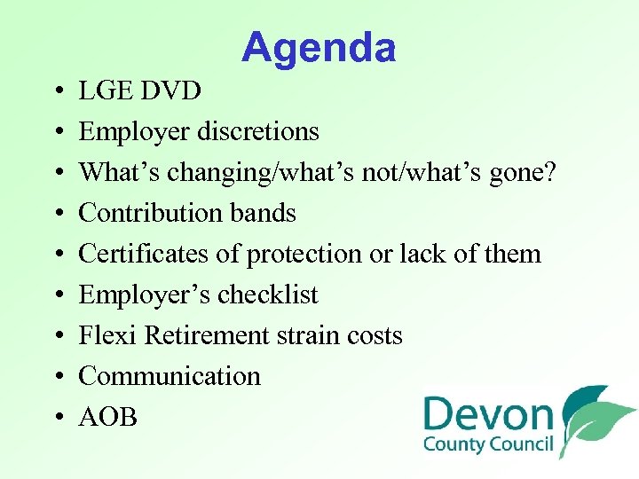 Agenda • • • LGE DVD Employer discretions What’s changing/what’s not/what’s gone? Contribution bands