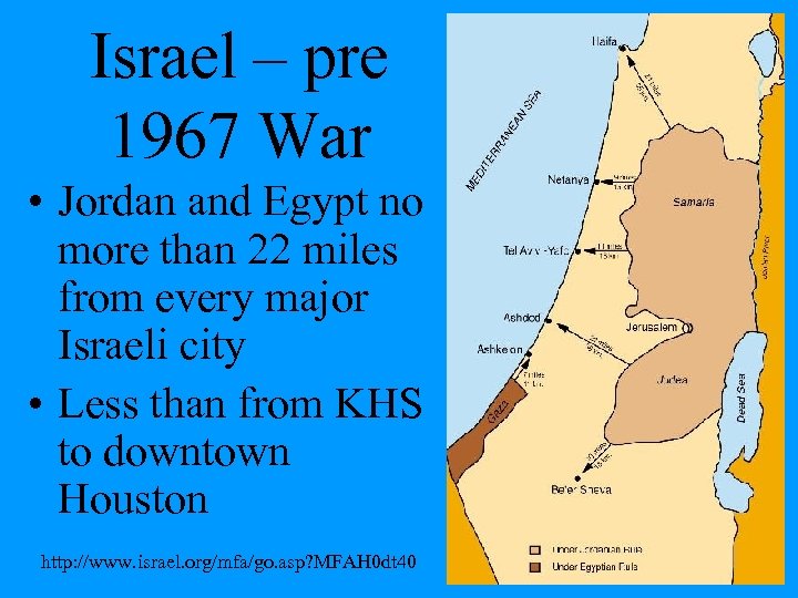 Israel – pre 1967 War • Jordan and Egypt no more than 22 miles