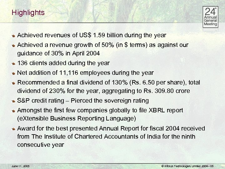 Highlights Achieved revenues of US$ 1. 59 billion during the year Achieved a revenue