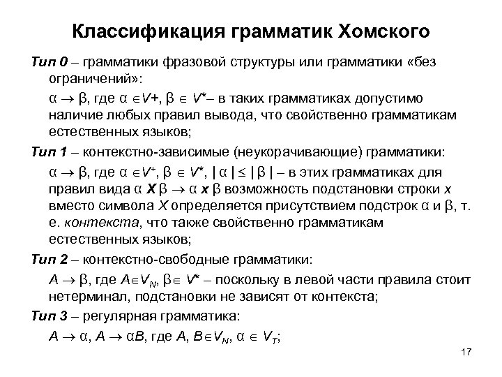 Язык типа 0. Классификация грамматик по Хомскому. Типы грамматик. Иерархия грамматик по Хомскому. Виды грамматик Холмского.