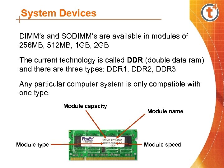 System Devices DIMM’s and SODIMM’s are available in modules of 256 MB, 512 MB,