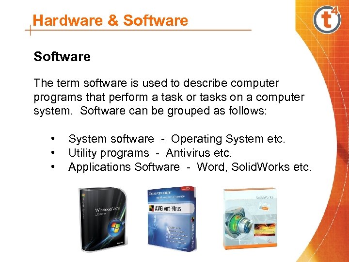 Hardware & Software The term software is used to describe computer programs that perform