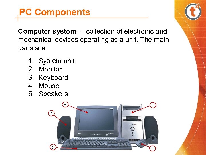 PC Components Computer system - collection of electronic and mechanical devices operating as a