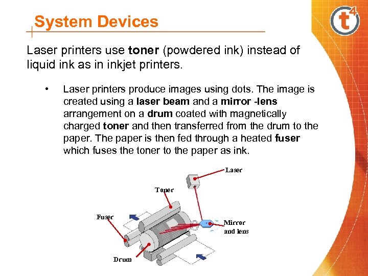 System Devices Laser printers use toner (powdered ink) instead of liquid ink as in