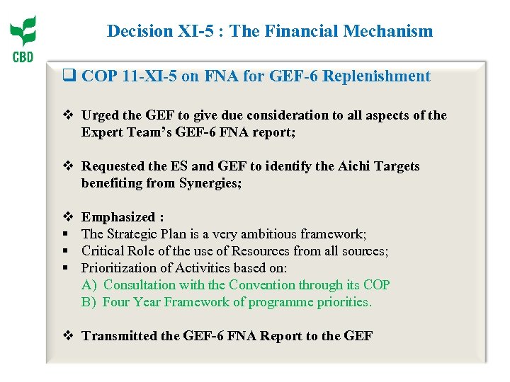 Decision XI-5 : The Financial Mechanism q COP 11 -XI-5 on FNA for GEF-6