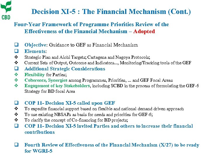 Decision XI-5 : The Financial Mechanism (Cont. ) Four-Year Framework of Programme Priorities Review