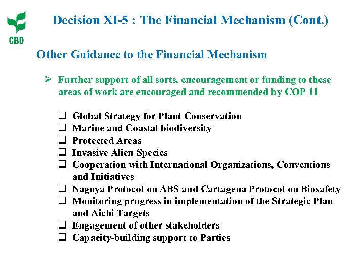 Decision XI-5 : The Financial Mechanism (Cont. ) Other Guidance to the Financial Mechanism