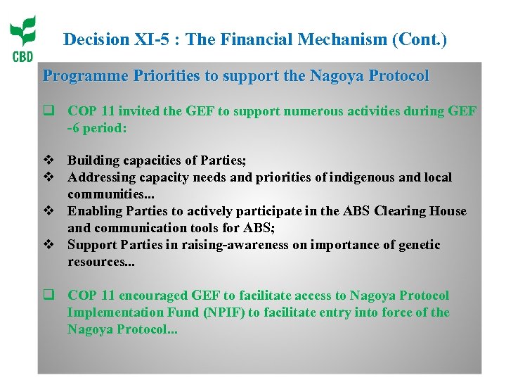 Decision XI-5 : The Financial Mechanism (Cont. ) Programme Priorities to support the Nagoya