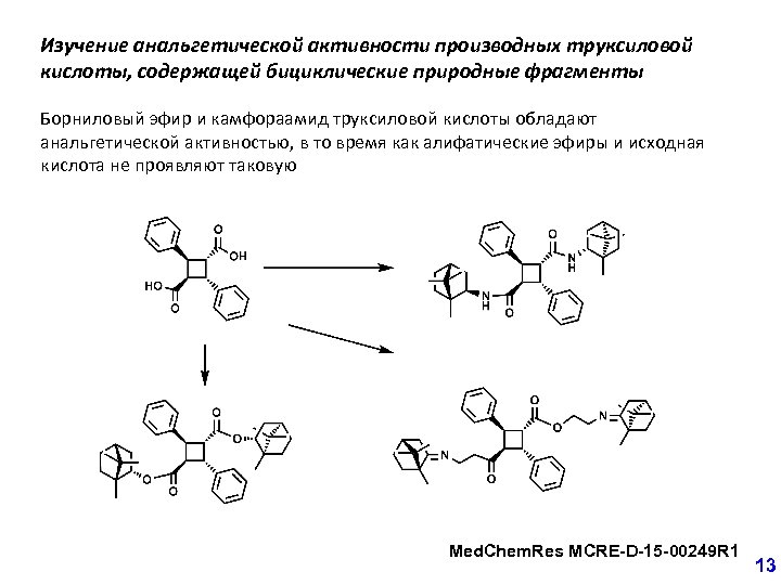 Изучение анальгетической активности производных труксиловой кислоты, содержащей бициклические природные фрагменты Борниловый эфир и камфораамид