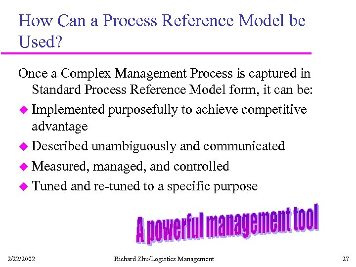 How Can a Process Reference Model be Used? Once a Complex Management Process is