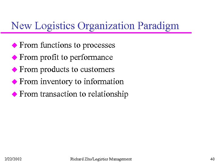 New Logistics Organization Paradigm u From functions to processes u From profit to performance