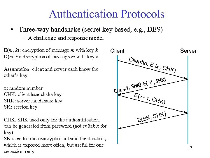 Authentication Protocols • Three-way handshake (secret key based, e. g. , DES) – A