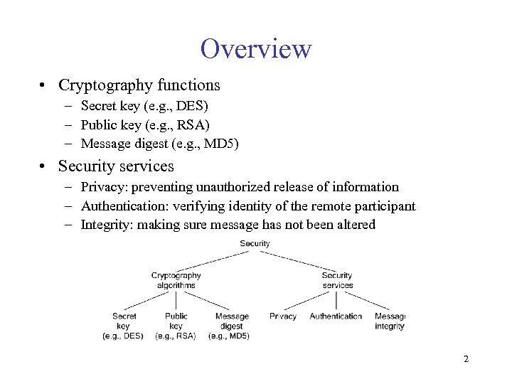 Overview • Cryptography functions – Secret key (e. g. , DES) – Public key