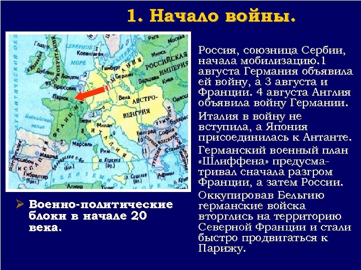 1. Начало войны. Ø Военно-политические блоки в начале 20 века. Россия, союзница Сербии, начала