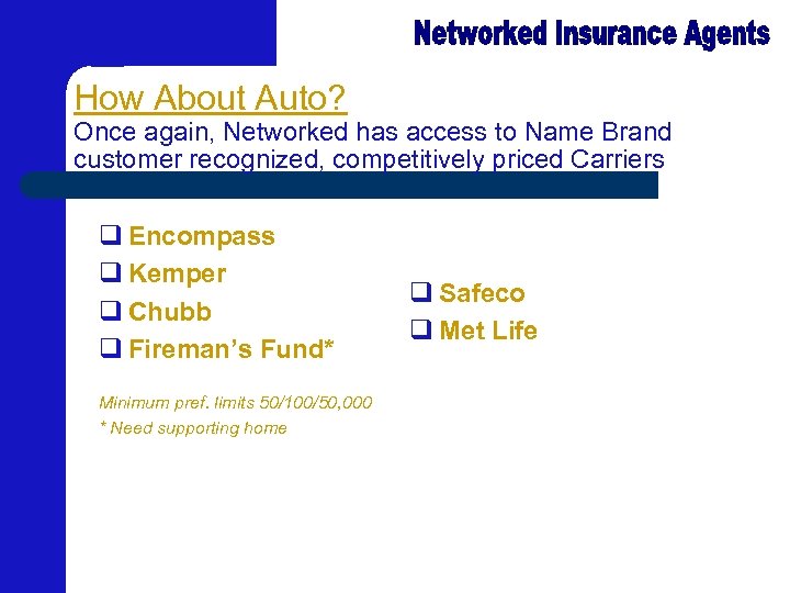 How About Auto? Once again, Networked has access to Name Brand customer recognized, competitively