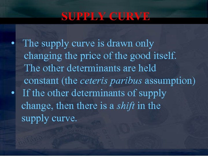 SUPPLY CURVE • The supply curve is drawn only changing the price of the