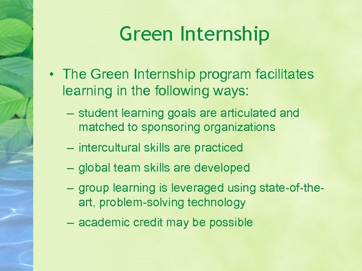 Green Internship • The Green Internship program facilitates learning in the following ways: –