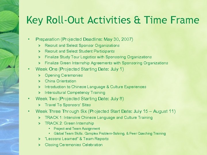 Key Roll-Out Activities & Time Frame • Preparation (Projected Deadline: May 30, 2007) Ø
