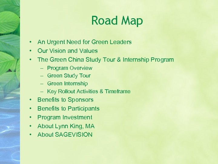 Road Map • An Urgent Need for Green Leaders • Our Vision and Values
