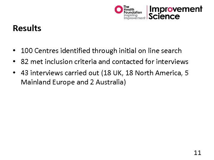 Results • 100 Centres identified through initial on line search • 82 met inclusion
