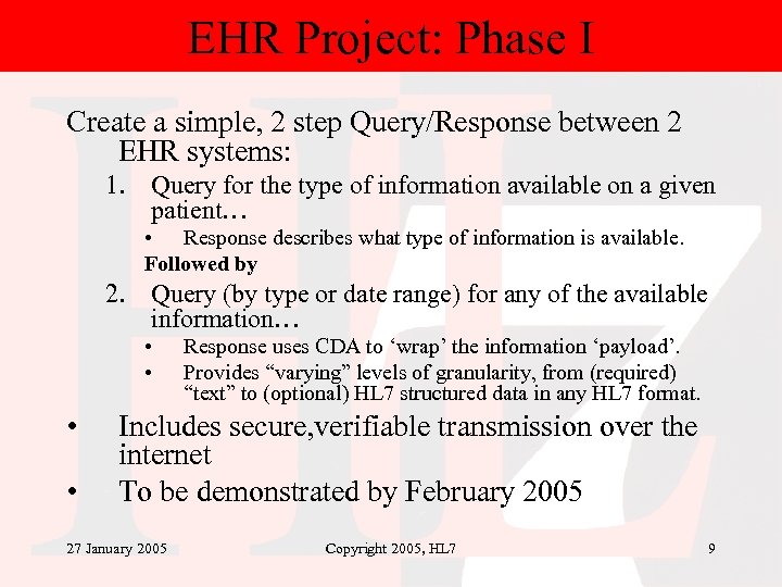 EHR Project: Phase I Create a simple, 2 step Query/Response between 2 EHR systems: