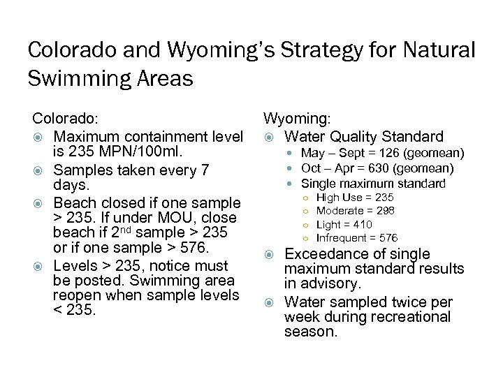 Colorado and Wyoming’s Strategy for Natural Swimming Areas Colorado: Maximum containment level is 235