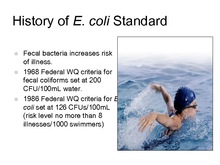 History of E. coli Standard n n n Fecal bacteria increases risk of illness.