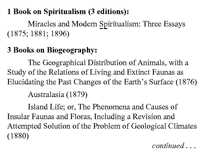 1 Book on Spiritualism (3 editions): Miracles and Modern Spiritualism: Three Essays -(1875; 1881;