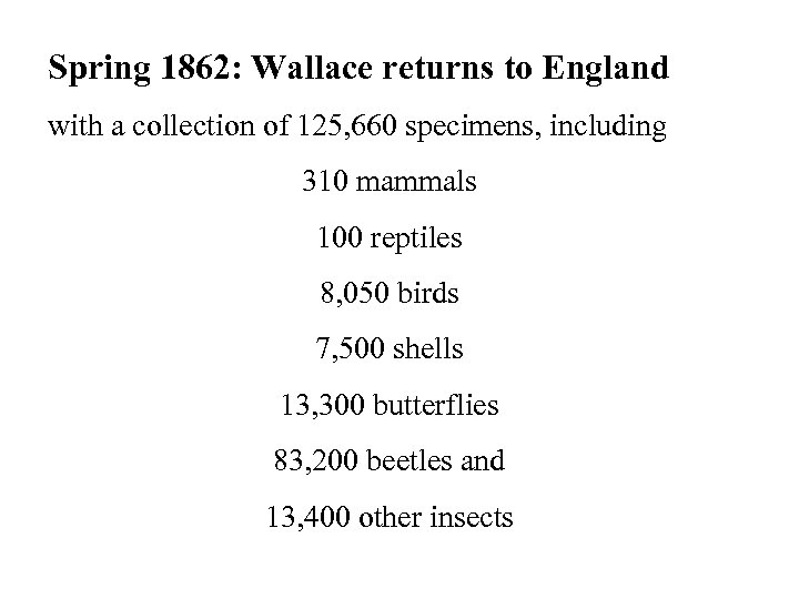 Spring 1862: Wallace returns to England with a collection of 125, 660 specimens, including