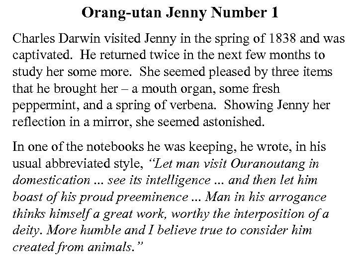 Orang-utan Jenny Number 1 Charles Darwin visited Jenny in the spring of 1838 and