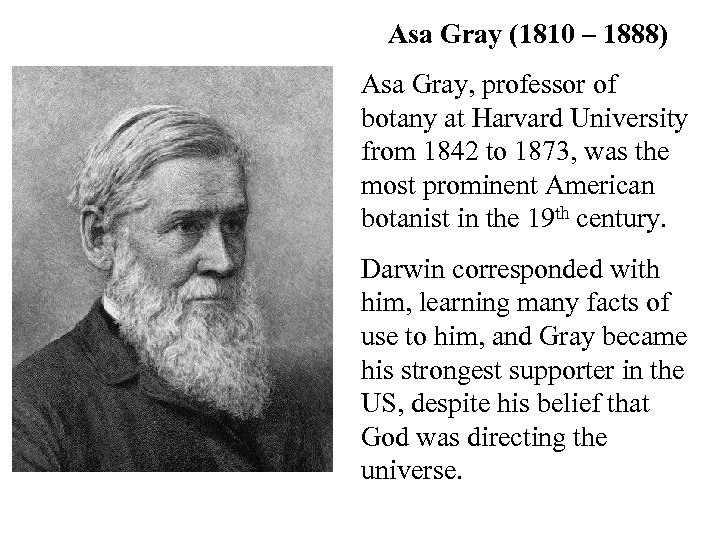 Asa Gray (1810 – 1888) Asa Gray, professor of botany at Harvard University from
