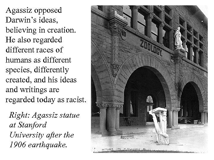 Agassiz opposed Darwin’s ideas, believing in creation. He also regarded different races of humans