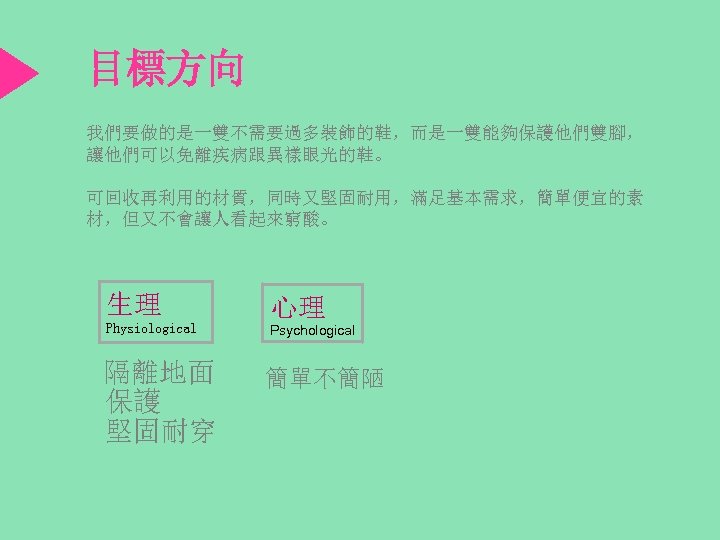 目標方向 我們要做的是一雙不需要過多裝飾的鞋，而是一雙能夠保護他們雙腳， 讓他們可以免離疾病跟異樣眼光的鞋。 可回收再利用的材質，同時又堅固耐用，滿足基本需求，簡單便宜的素 材，但又不會讓人看起來窮酸。 生理 心理 Physiological Psychological 隔離地面 保護 堅固耐穿 簡單不簡陋 