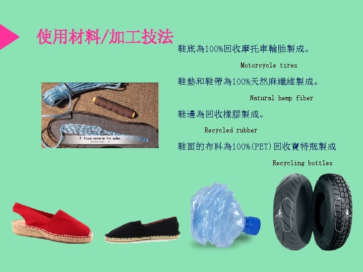 使用材料/加 技法 鞋底為 100%回收摩托車輪胎製成。 Motorcycle tires 鞋墊和鞋帶為 100%天然麻纖維製成。 Natural hemp fiber 鞋邊為回收橡膠製成。 Recycled rubber