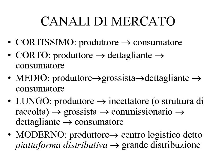 CANALI DI MERCATO • CORTISSIMO: produttore consumatore • CORTO: produttore dettagliante consumatore • MEDIO: